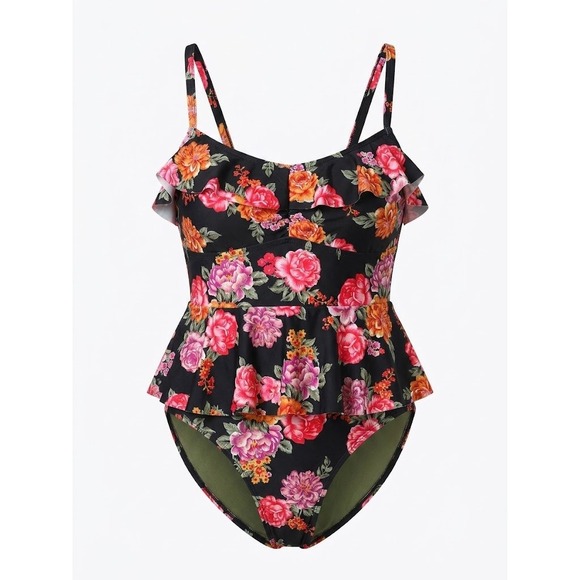 Terra & Sky Other - Terra Sky Swimsuit Women 1X Black Pink Floral Peplum One Piece Tropical Boho